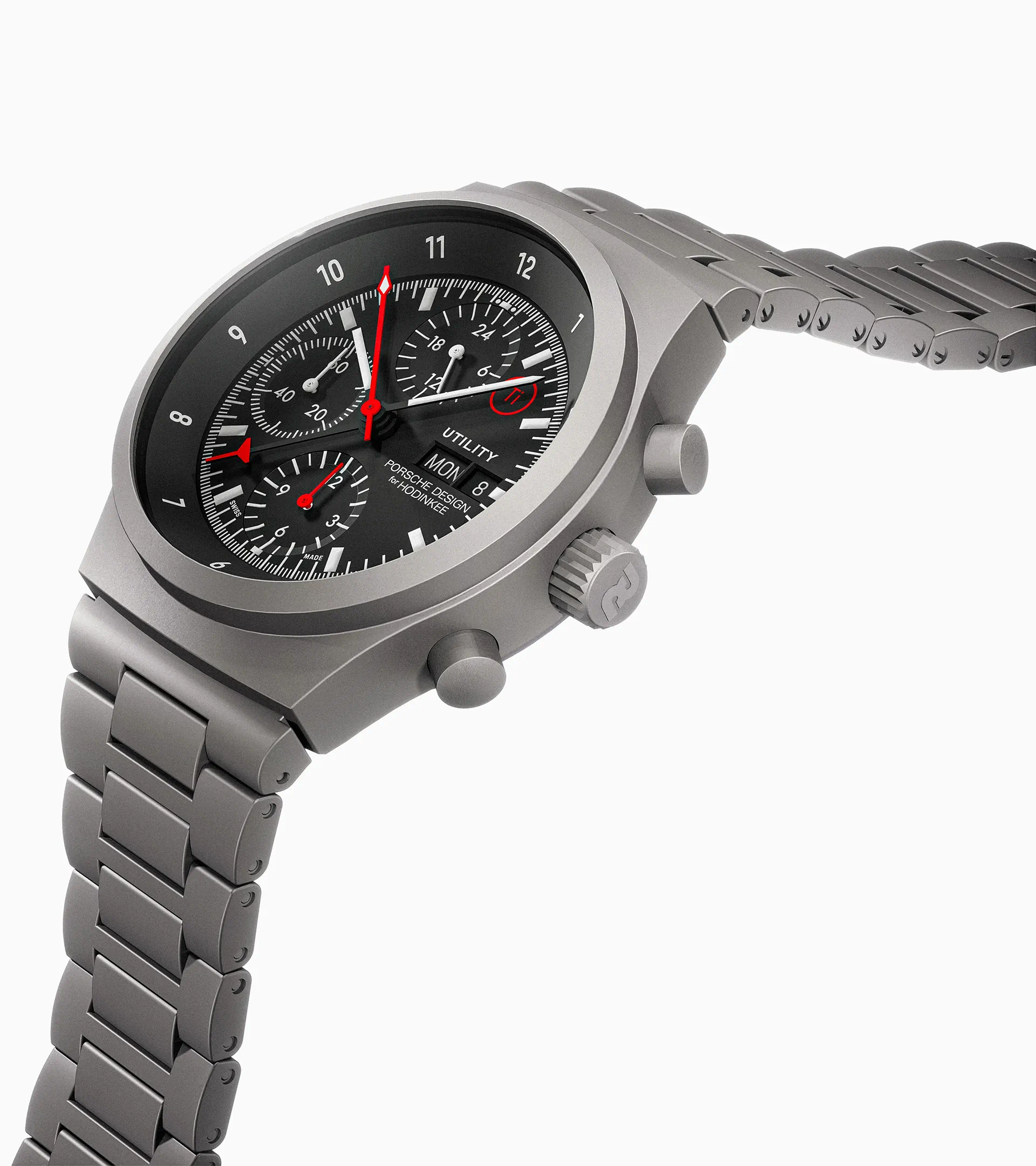 Porsche Design Chronograph 1 Utility, three-quarter view of the dial and pushers